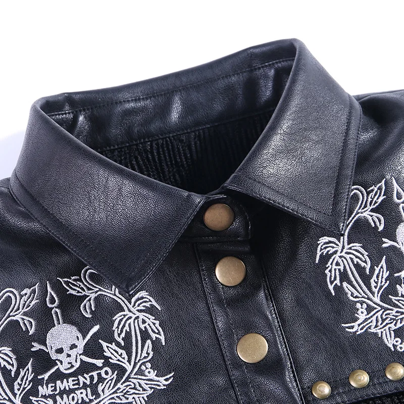 Sexy Lace PU Leather Jackets Coat Women Autumn Black See Through Tops Skull Print Fashion Punk Rivet Streetwear Outerwear Female