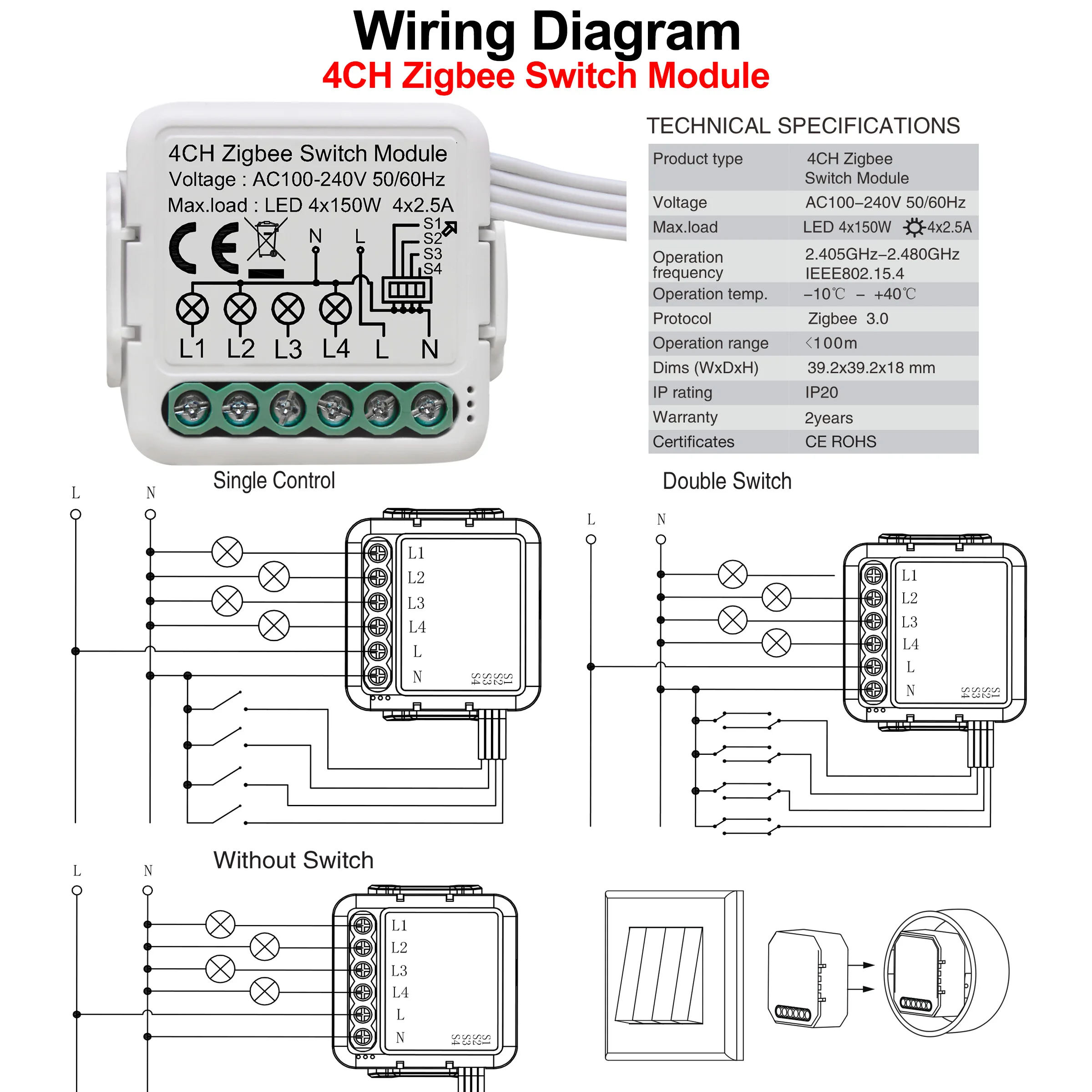 GIRIER Tuya ZigBee 3.0 Switch Module 10A Smart Home DIY Breaker 1 2 3 4 Gang Supports 2 Way Control Works with Alexa Google Home