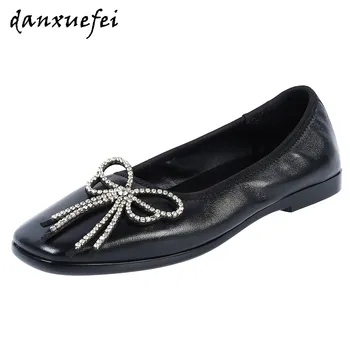

Women's genuine leather crystal bowtie slip-on ballet flats leisure soft comfortable square toe moccasins high quality shoes hot