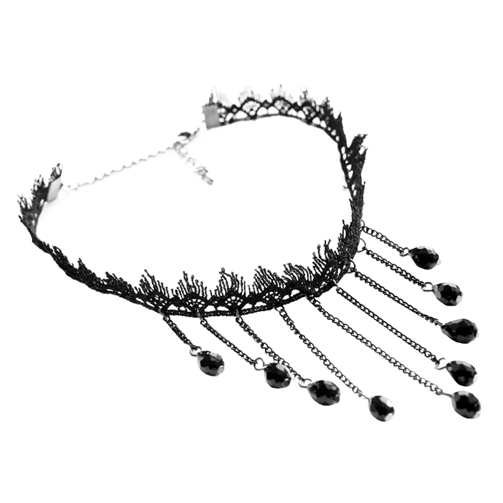 Wedding Party Beads Rhinestone Tassels Chain Pendant Gothic Necklace for Women Vintage Punk Black Lace Choker 