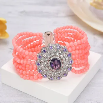 

GG Jewelry 8" 8 Strands Pink Coral Bracelet CZ Connector Lady Jewelry