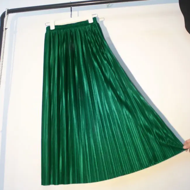 

2019 Autumn Winter Velvet Skirt High Waisted Skinny Large Swing Long Pleated Skirts Metallic Plus Size Saia