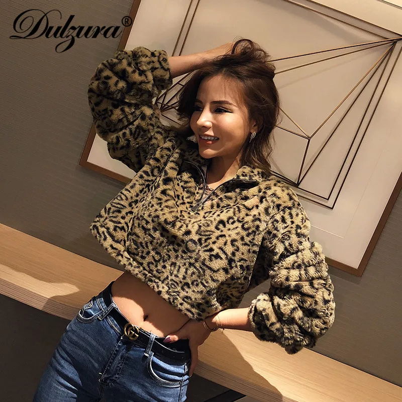 Ceny Dulzura leopard lambswool teddy sweter damski bluza crop top z suwakiem casualowe w stylu streetwear 2019 jesienne zimowe ubrania grube