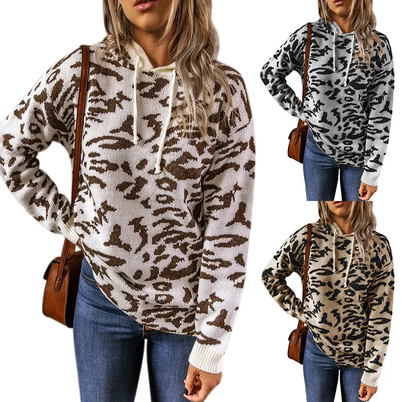 

Ladies Knit Hooded Sweater Fall 2020 Long Sleeve Leopard Print Casual Pullover