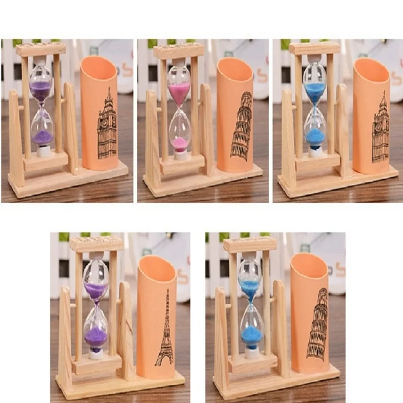 

2 in1 Hourglass Pencil Pen Holders Sandglass Sand Clock Timers Office Organizer Round Pen Holders Container Office Supplies
