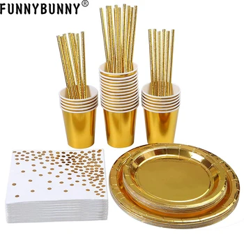 

Gold Disposable Tableware Set Gold Straws Plate Paper Cup Napkin For Wedding Birthday Party Baby Shower Decoration Supplie