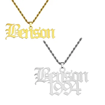 

AILIN Stainless Steel Personalized Name Date Necklace Customize Nameplate Old English Pendant Necklace Men Women Hip Hop Jewelry