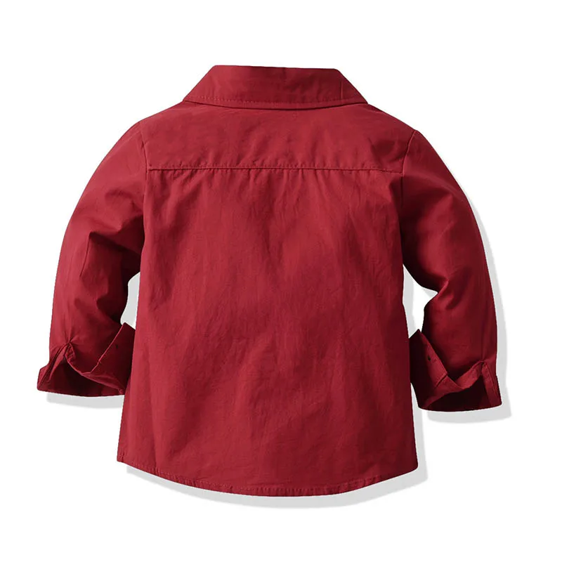 Baby Boys Shirts Children's Long Sleeve Formal Red Shirt Gentleman Tops With Bowtie Toddler Blouse