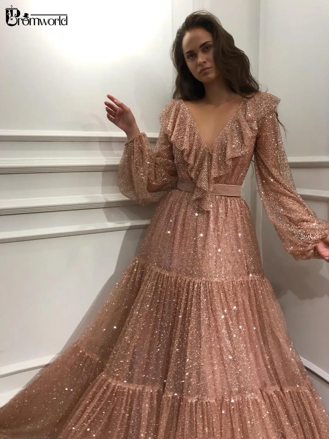 Ослепительное вечернее платье с блестками в арабском стиле, розовое платье трапециевидной формы с длинным рукавом, платья для выпускного вечера с v-образным вырезом и оборками, сексуальное вечернее платье