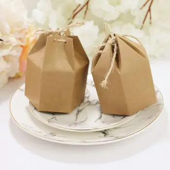 

50pcs/pack Kraft Paper Candy Gift Boxes Hexagon Sweet Packing Box with Hemp Rope K4UA