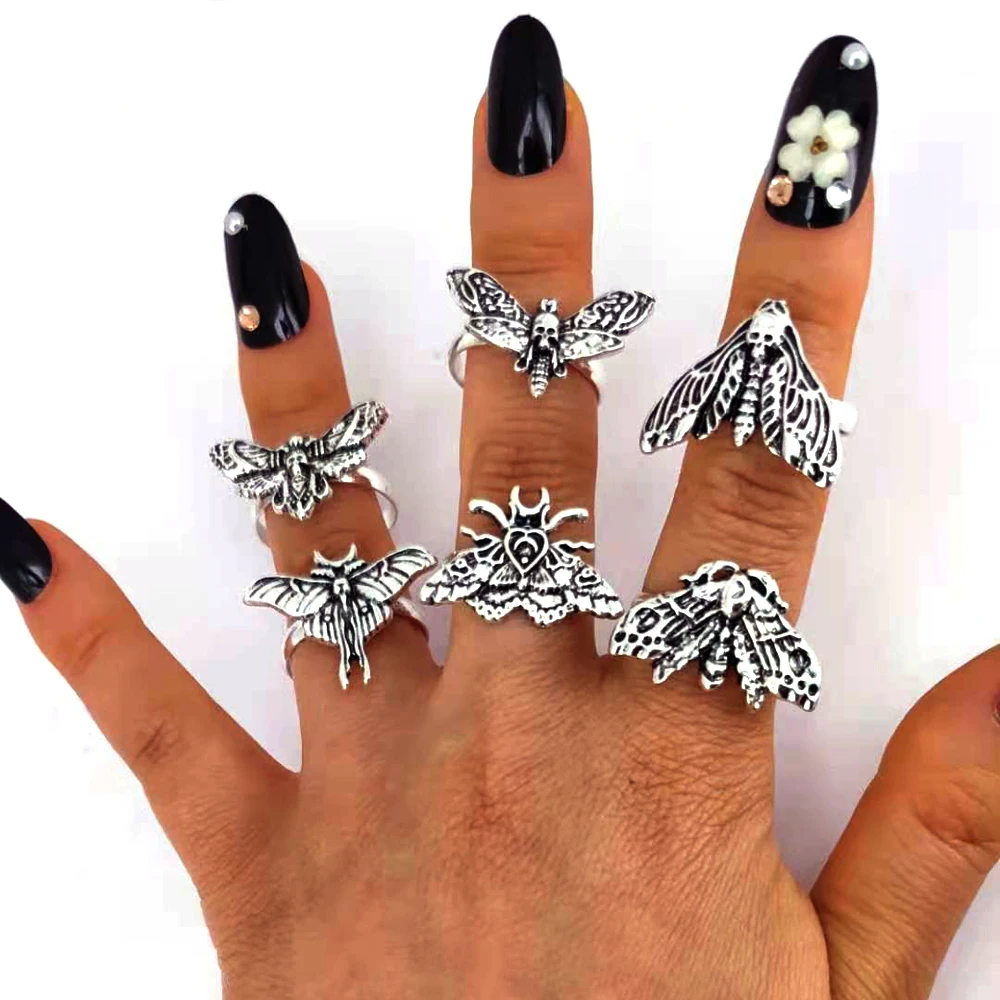 hzew 5pcs Resizable Death Head Skull Butterfly Moth Ring Creativity Gift For Women Men 2