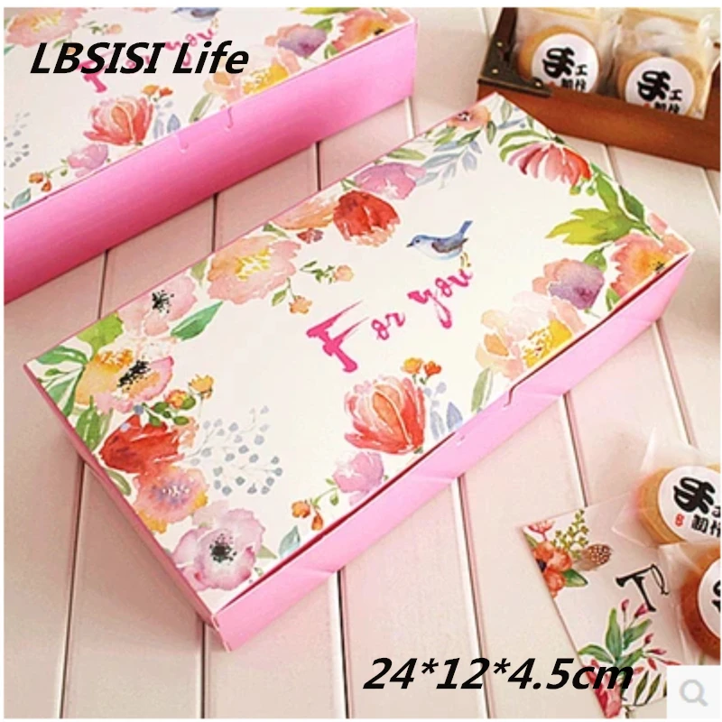 

50pcs High Quality Pink Bird Spring Flower Cheese Cake Paper Box Cookie Container Gift Packaging Wedding Christmas 24*12*4.5cm