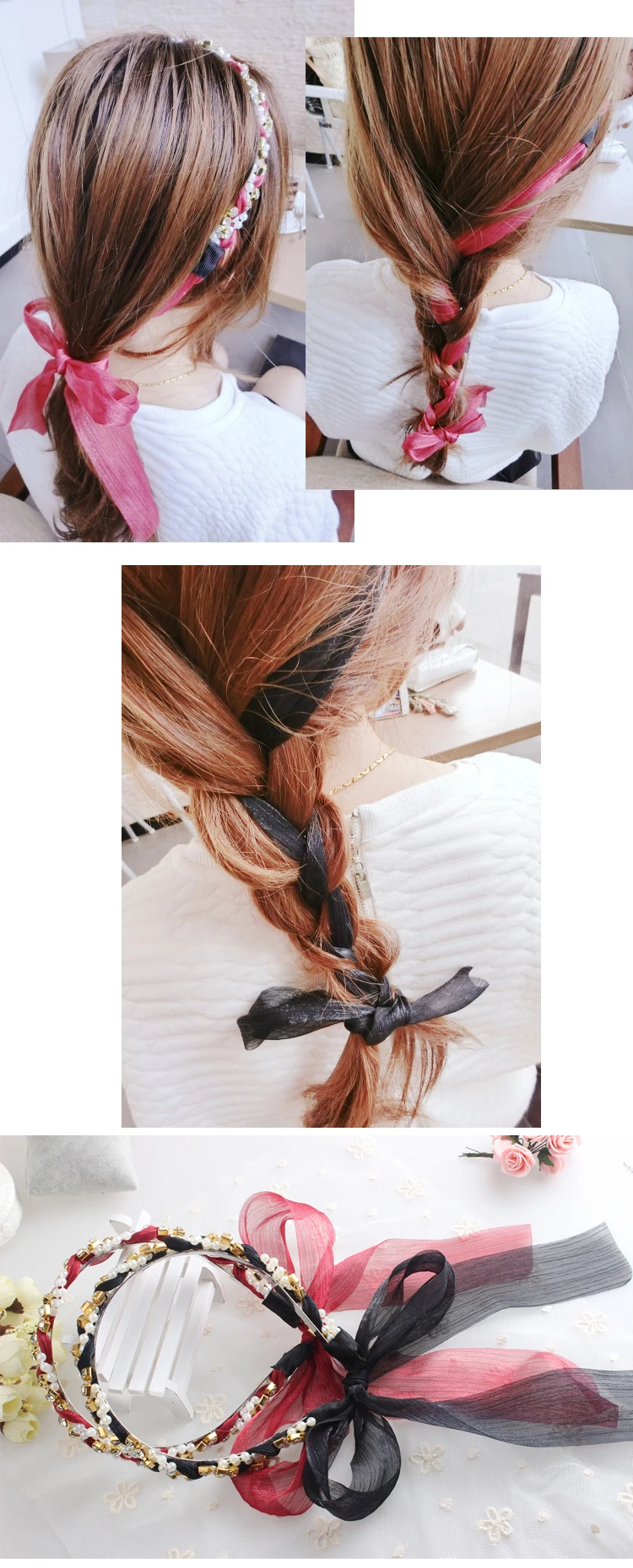 Korean-style Sweet Headband South Korea Ribbon Bandage Cloth Hair Bands Japanese Korean Pearl Headband Hair Accessories Braided