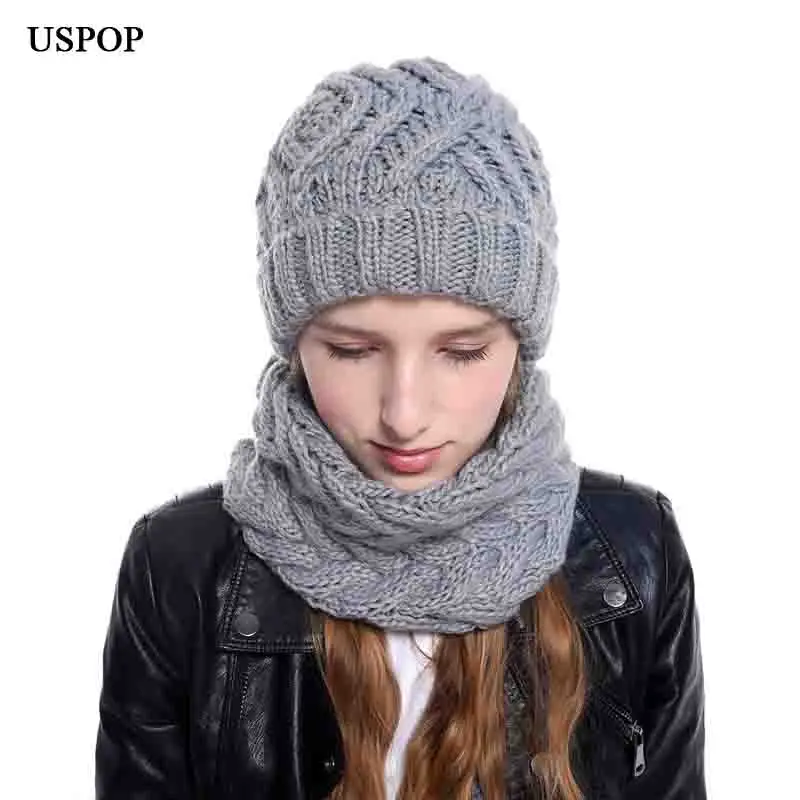 USPOP, новинка, женская шапка skullies, зимняя шапка, шарф, набор, модный, 2 шт., вязанные шапочки, кольцо, стильный шарф, набор для женщин skullies