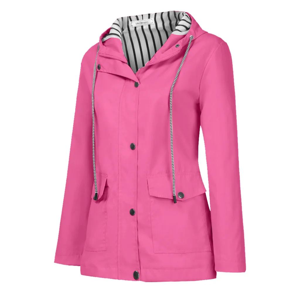 Женская однотонная дождевик для улицы размера плюс, Женское пальто, водонепроницаемый дождевик с капюшоном, ветрозащитная куртка с карманами и завязками