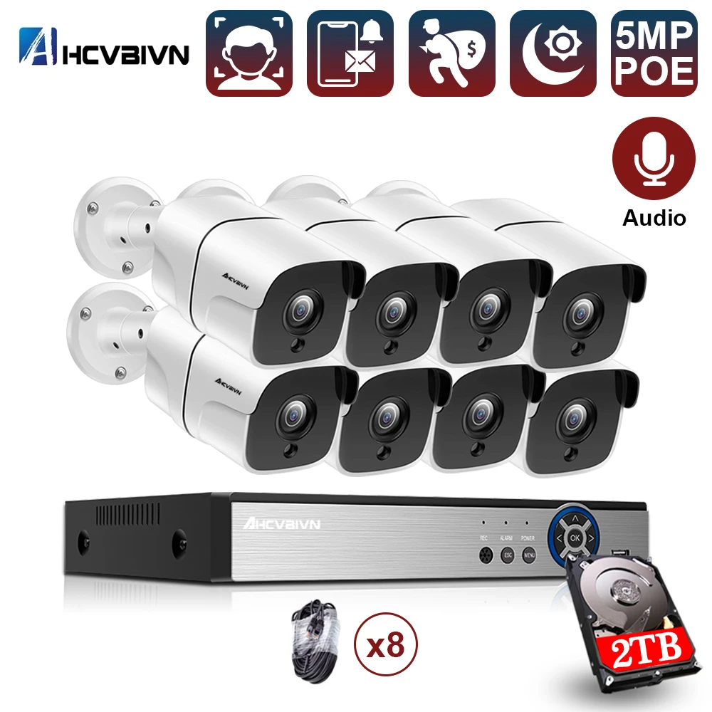 

Face AI H.265 8CH 5MP HD POE NVR Kit CCTV Security System Two Way Audio AI IP Camera Outdoor P2P Video Surveillance Set 2TB HDD