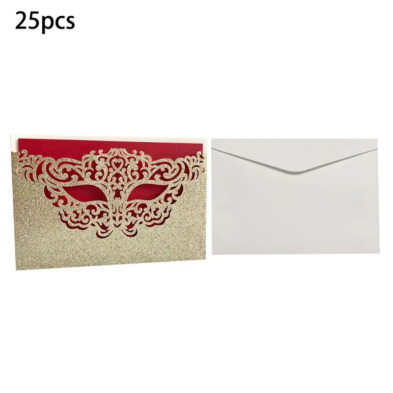  25pcs Gold Glitter Wedding Invitation Cards Laser Cut Party Invitations with Red Kraft Card Inserts - 4.00007E+12