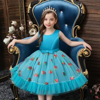 

New Christmas princess dress with strawberry for girl's dresses sleeveless big bow Birthday dress lace elegant banquet dress