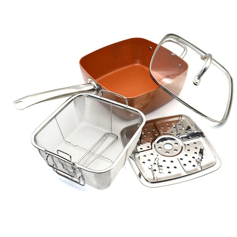 Copper Square Pan Induction Chef W/Glass Lid Fry Basket, Steam Rack 4 Piece Set, 9.5 Inches Used in Induction