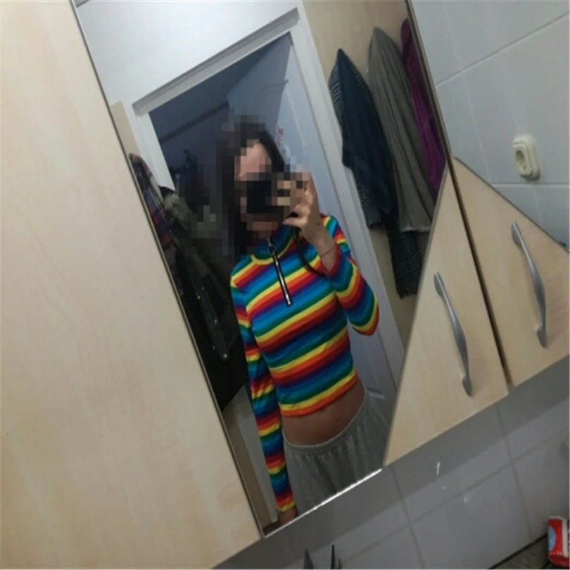 T-shirt Women Fashion Womens Long Sleeves Turtleneck Rainbow Color Zipper Tops T shirt Das Mulheres Dropshipping 40AT1303