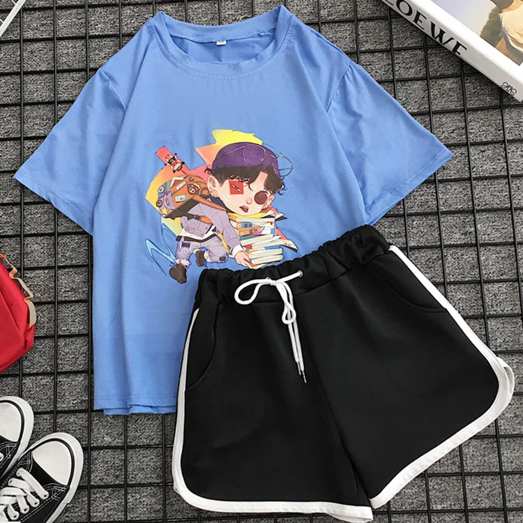 

Summer Two Piece Shorts Set For Women Casual Short Sleeved Cartoon Tops +balck Pants Loose Womens Clothing Sport Suit Set 2020