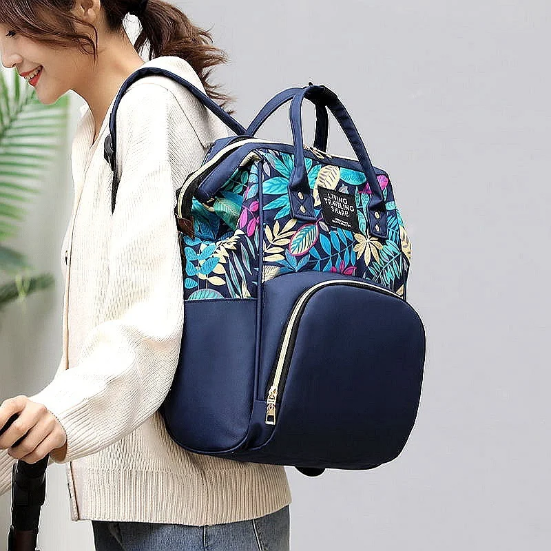 Estampado de plantas mochilas para mamá, gran capacidad, maternidad, viaje, bolsa de mamá, elegante, bolsas de hombro para pañales de bebé, mochilas informales