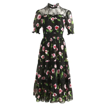 

Women short sleeve summer dress new arrival floral patterns print patchwork cut out mesh inset elegant sexy black dresses