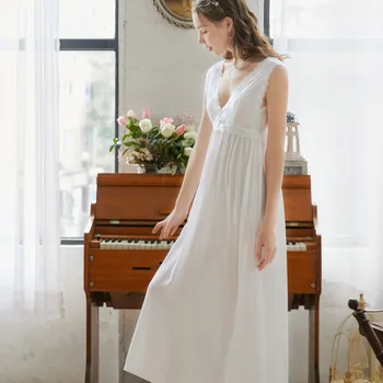 

Strap Top Long Lady Nightdress Nightgown Sexy Lace Flower Patchwork Cotton Nightshirt Dress Sleepshirt Summer Casual Home Dress