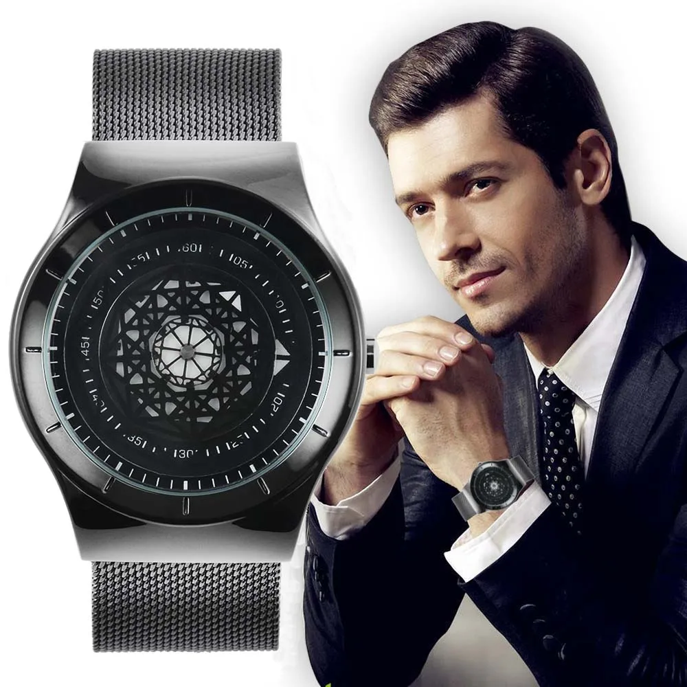 

KCHKE New ProductBusiness Stainless Steel Hook Buckle Glass Men Watchs Round Quartz Simple Noble Elegant Black Silver Gift