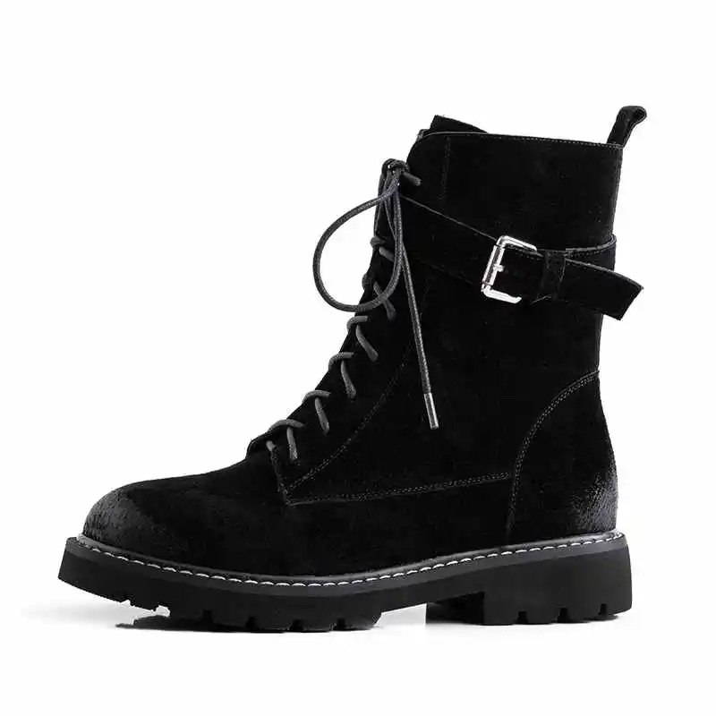 krazing pot pig suede western boots high quality round toe metal fastener low heel winter all-match handmade mid-calf boots L0f5