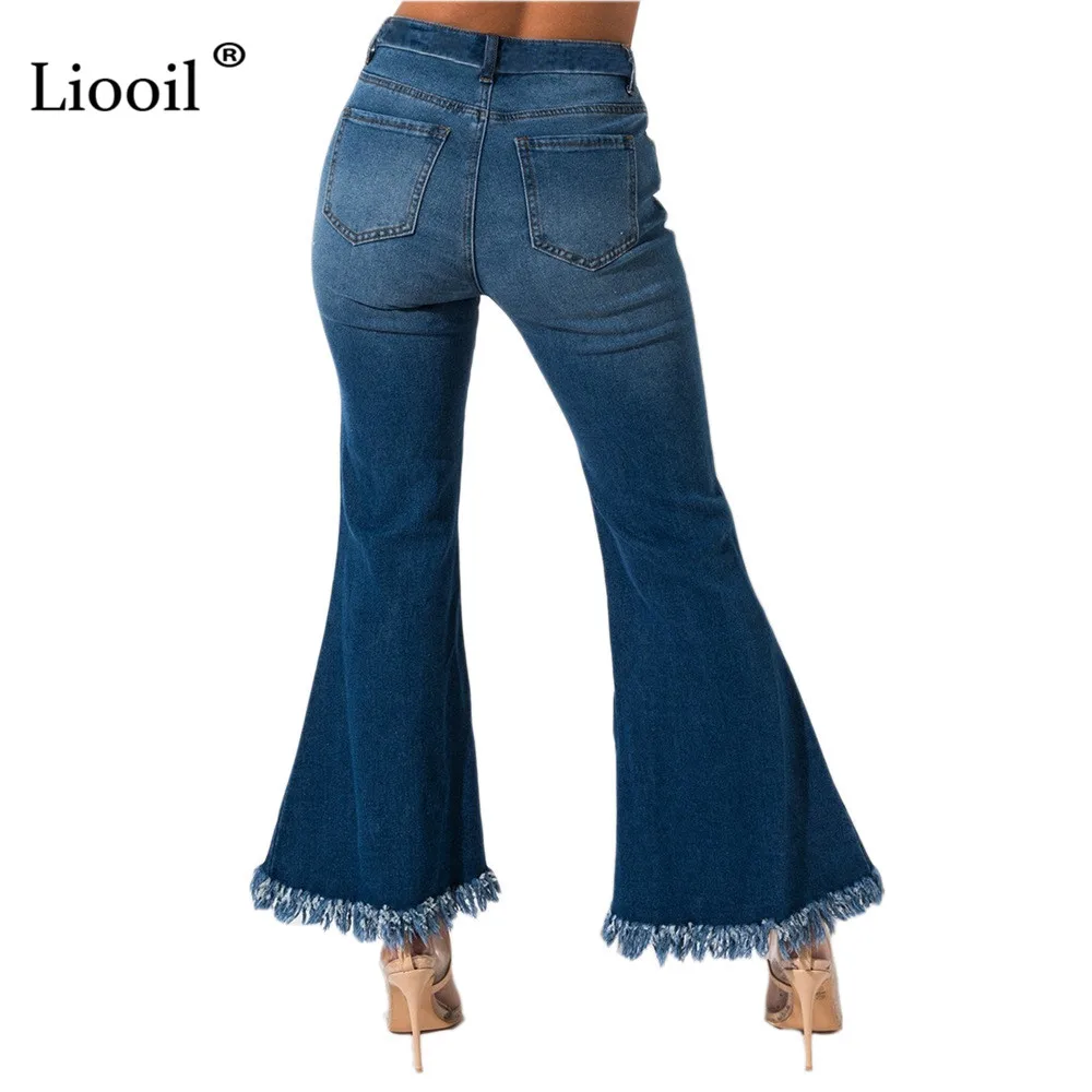 Liooil Синие сексуальные рваные джинсы с кисточками для женщин, Клубные обтягивающие джинсы с дырками, женские джинсы, узкие брюки с высокой талией, расклешенные джинсы