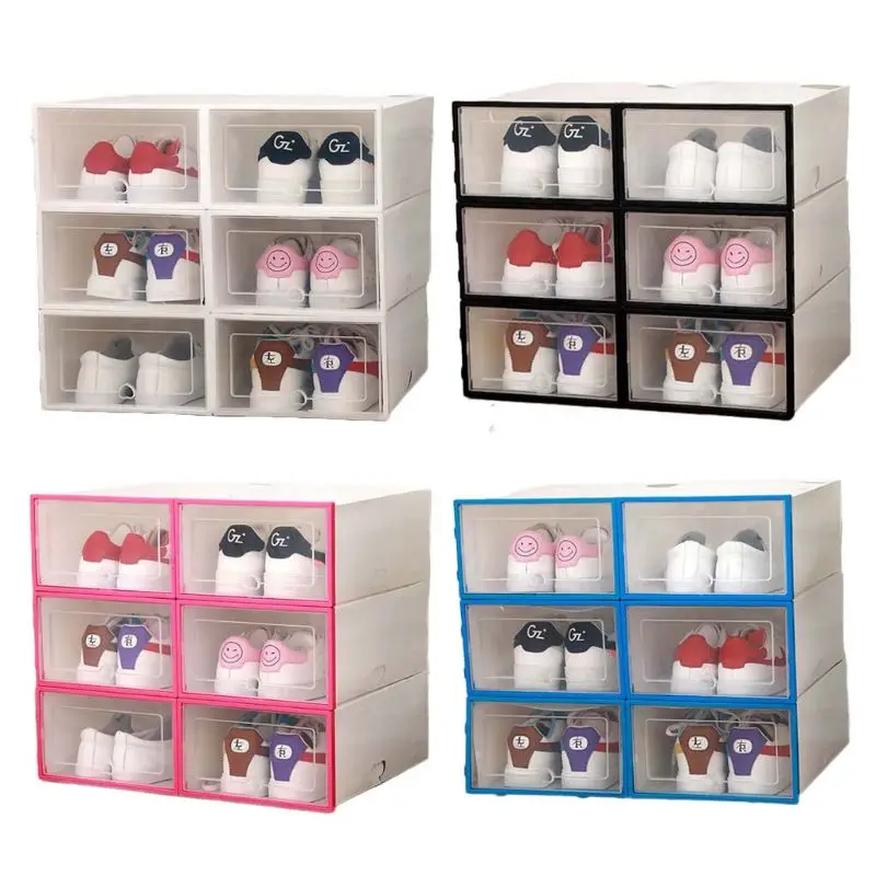

6Pcs Plastic Shoe Box Stackable Foldable Shoe Organizer Drawer Storage Case with Flipping Clear Door Ladies Men 31.5x21.5x12.5cm