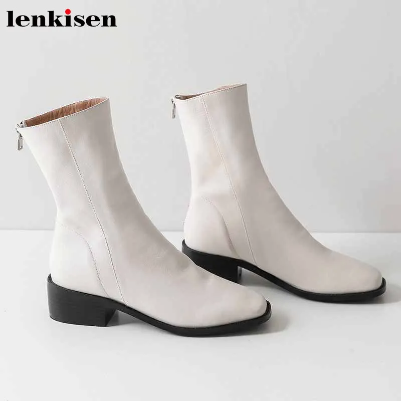 

Lenkisen leisure style genuine leather boots square toe med heels winter simple solid back Zipper keep warm mid-calf boots L65