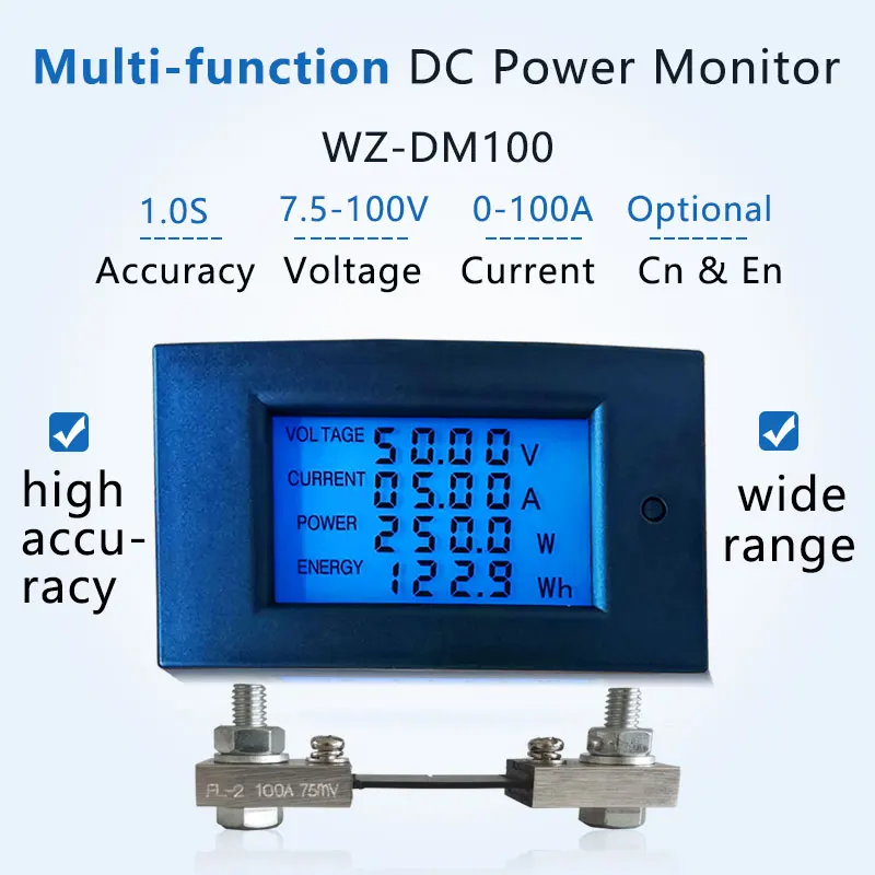 

DC 100V 100A 50A 20A LCD Digital Voltmeter Ammeter Wattmeter Voltage Current Power Energy Meter Battery Capacity Indicator Test