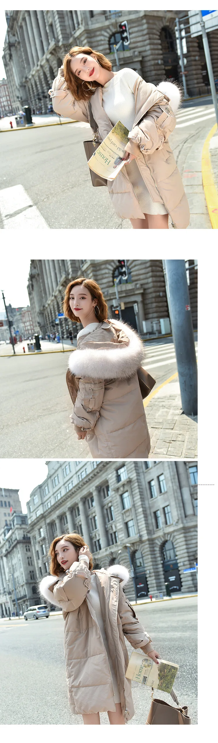 New Style Korean-style Mid-length down Jacket Women's Luxury Raccoon Fur Collar Hooded Thick Plus-sized Coat
