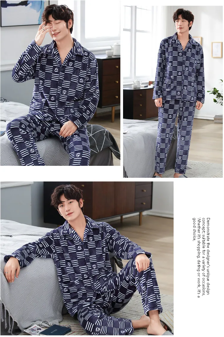 plaid pajama pants middle-aged and elderly large size loose Pajamas men's autumn winter home service long-sleeved flannel suit gray Nightgown silk loungewear