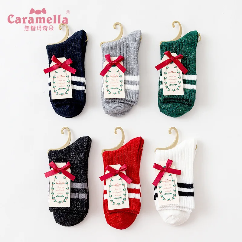 

Caramella new women's socks in autumn and winter bright silk parallel bars pile socks fashion trend christmas gifts for women