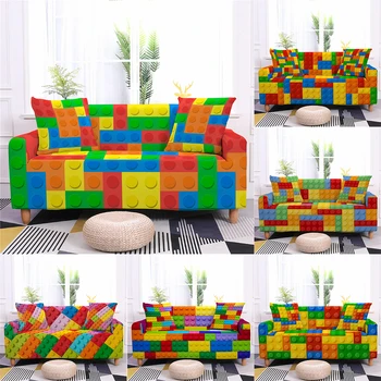 

Sofa Cover Toy Print Building Blocks Colorful Bricks Stretch Slipcover Slip-resistant Removable Tight Wrap Sofa Covers Protector