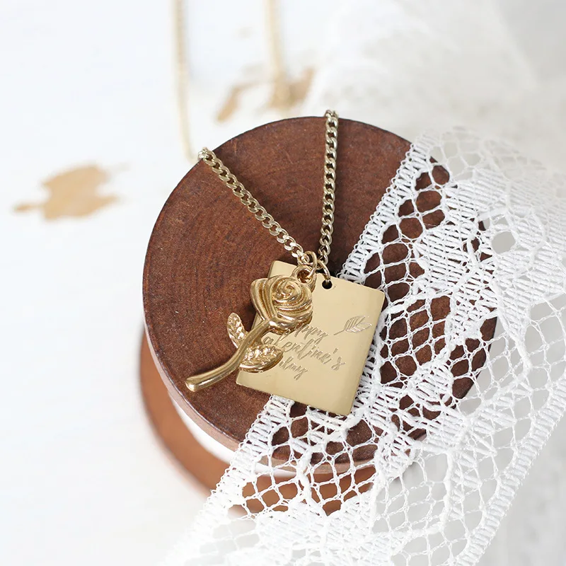 Peace Rose Flower Square Brand Archery Love God English Letter Necklace Titanium Steel Clavicle Chain