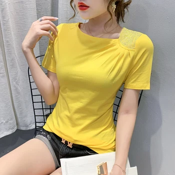 

Short-sleeved T-shirt women 2020 summer new women's Tops oblique collar hot diamond irregular women's shirt blusas