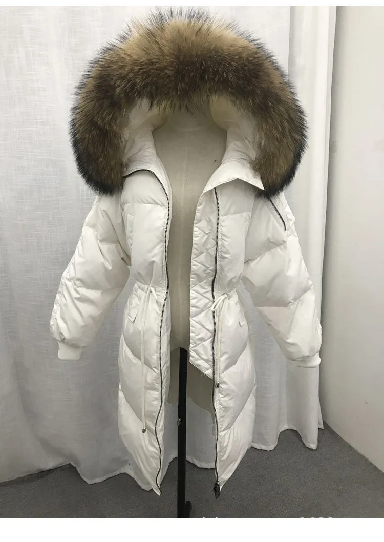 Зимняя женская куртка с воротником из натурального меха енота, Толстая теплая парка с капюшоном, пуховик на утином пуху, женская верхняя одежда