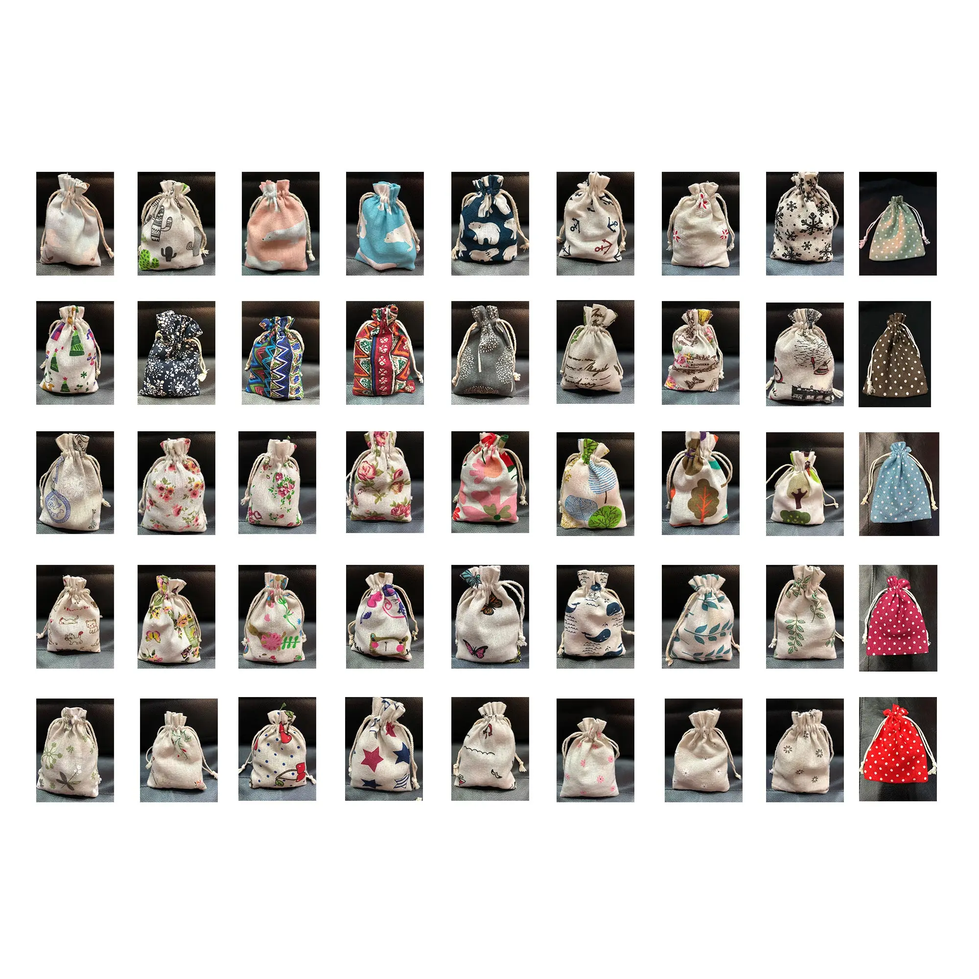 

100pcs Cotton Bags For Gift Cloth Bags Drawstring Printing Multicolor Vintage Sack Burlap Gift Bag Wedding Party Pouch Jute Bag
