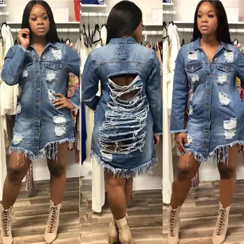 2020 Womens denim Coat Autumn Oversize Hole Patch Denim Ripped Jeans Distressed casual long denim Jacket vintage Slim denim Coat 5