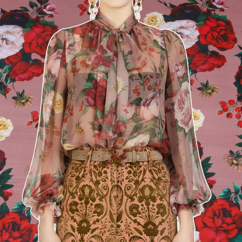 

2020 new rose print chiffon clothing fabric thin vertical sense perspective handmade diy dress shirt scarf cloth