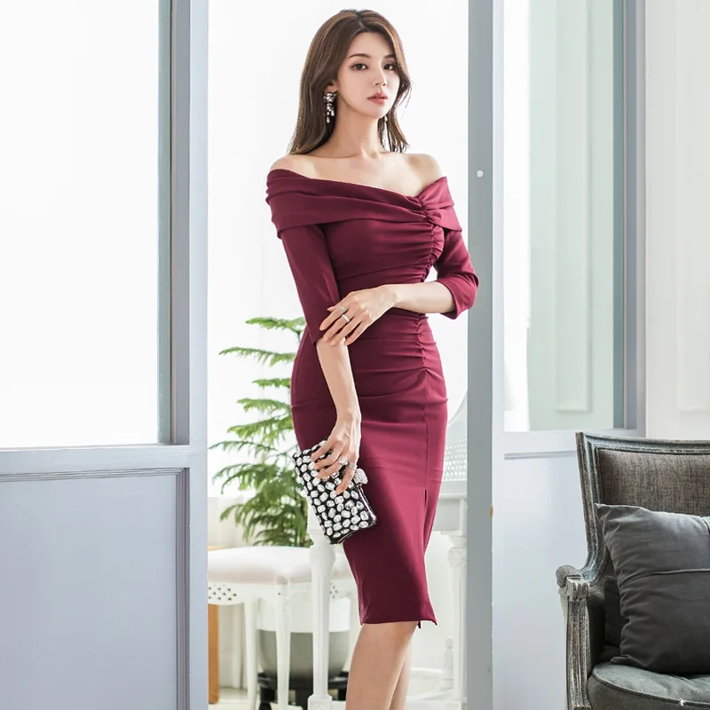 

2019 Autumn And Winter New Style Korean-style Fashion Elegant Slimming off-Shoulder Waist Hugging Sheath Dress Formal Dress 1945