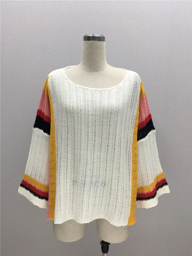 KHALEE YOSE белый вязаный свитер в полоску осенний Женский Свитер оверсайз расклешенный рукав богемное свободное винтажные пуловеры радужные свитера