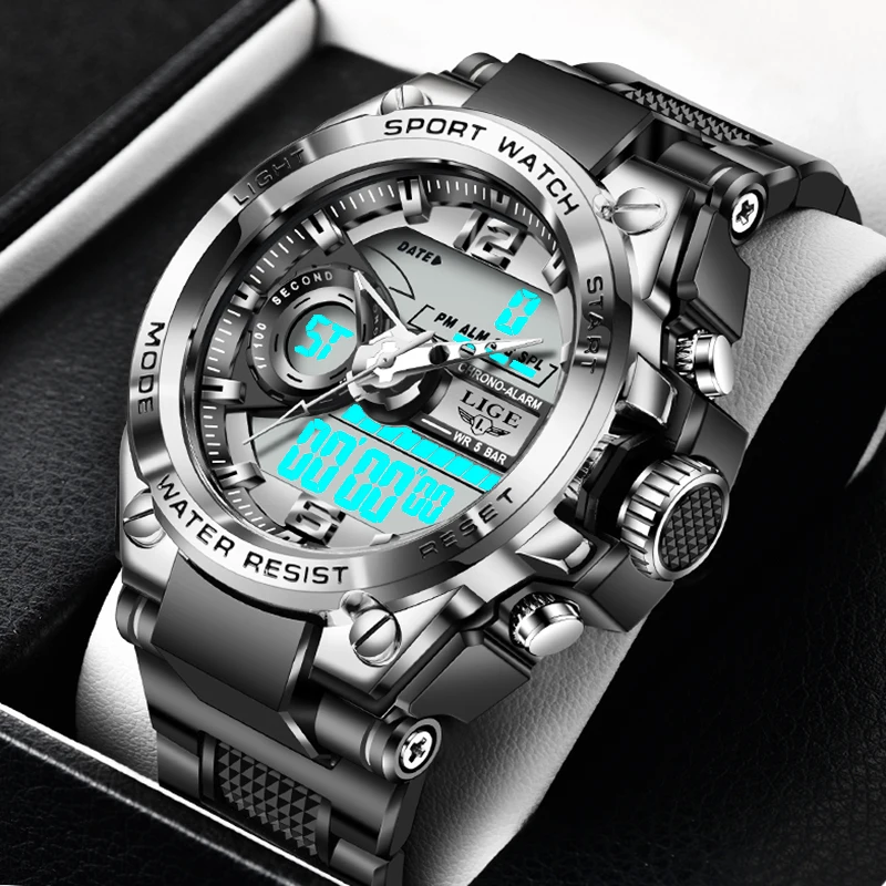 2021 LIGE Sport Men Quartz Digital Watch Creative Diving Watches Men Waterproof Alarm Watch Dual Display Clock Relogio Masculino