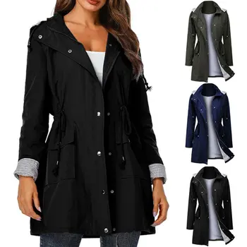 

Fashion Ladies Autumn And Winter Rain Hooded Jacket To Tighten The Waist Zipper Outdoor Elegant Temperament Charming And Generou