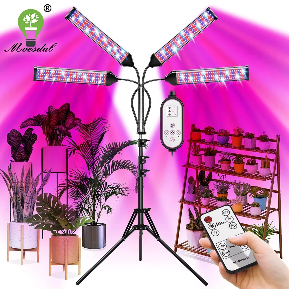 LED Plant Growth Light Retractable Tripod 4 Heads Full Spectrum with Dual  Controllers Timing Greenhouse Vegetables and Flowers