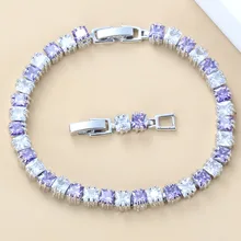 Свадебный 925 Серебряный Свадебный костюм Фиолетовый Кристалл CZ звено цепи браслет длина 18+ 3 см для женщин ювелирные изделия